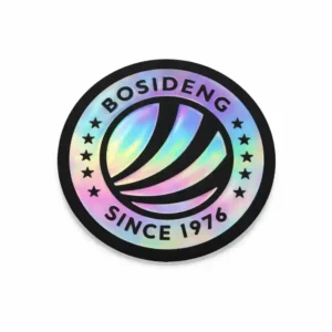 A round reflective patch with an iridescent rainbow finish, featuring the text “BOSIDENG” at the top and “Since 1976” at the bottom, surrounded by stars and a modern abstract logo in the center.