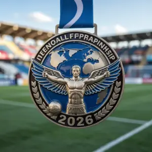 A unique soccer medal featuring a winged athlete figure in front of a world map, with a soccer ball and “2026” text, symbolizing global competition.