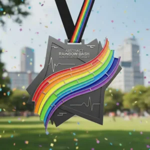 Abstract Rainbow Dash 2026 medal featuring vibrant rainbow stripes in a unique angular pattern, with the event name "ABSTRACT RAINBOW DASH" and "2026 CREATIVE JOURNEY" engraved. The design also includes abstract line patterns and a rainbow-colored ribbon.