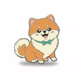 A cute enamel pin of a Pomeranian dog with orange fur and a white face. The dog is smiling and wearing a teal bow tie, showcasing its playful and stylish nature. The pin captures the fluffy charm of the breed.