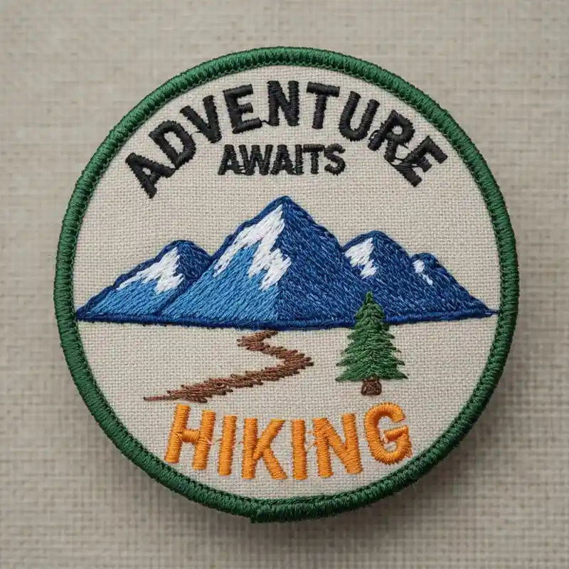 An embroidered patch featuring a mountain range with a trail leading through pine trees, and the text "ADVENTURE AWAITS" at the top and "HIKING" at the bottom in orange lettering.