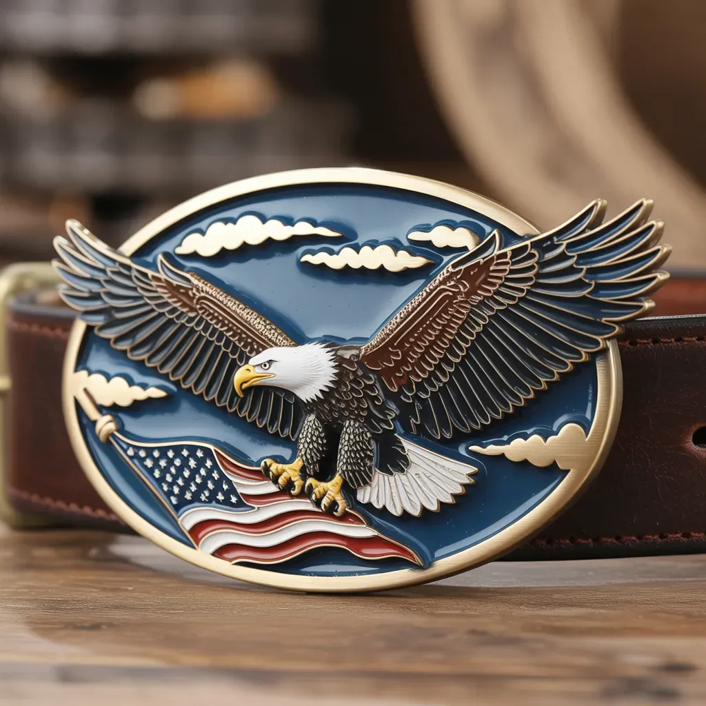 American Eagle Belt Buckle with Flag and Sky Background