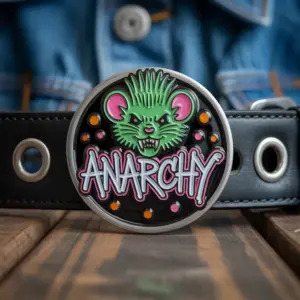 A round belt buckle showing a stylized rat with spikes and the word Anarchy in graffiti lettering with bright accent colors.