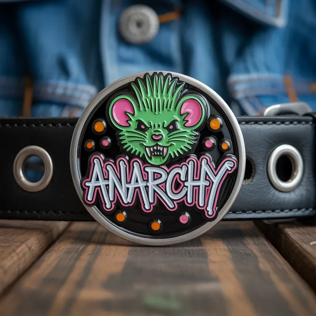 A round belt buckle showing a stylized rat with spikes and the word Anarchy in graffiti lettering with bright accent colors.