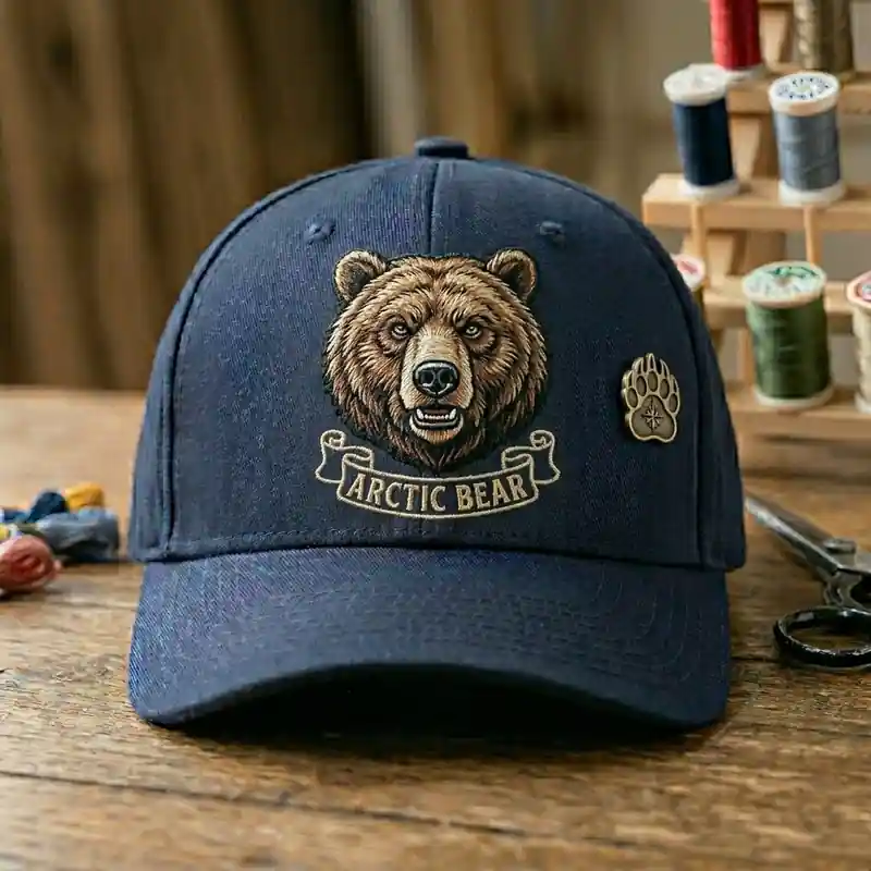 A navy blue cap featuring an embroidered bear head logo with the text "Arctic Bear" on a banner beneath it, along with a small bear paw pin on the side, set against a rustic background with sewing supplies.