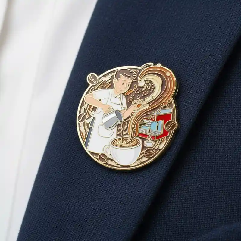 A colorful enamel pin depicting a barista pouring coffee into a cup, with swirling coffee beans and an espresso machine in the background.