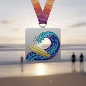 Custom metal medal featuring a wave and surfboard design, Surf Challenge medal with sunset-colored ribbon on sandy beach background