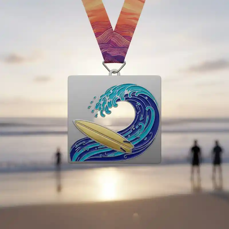 Custom metal medal featuring a wave and surfboard design, Surf Challenge medal with sunset-colored ribbon on sandy beach background
