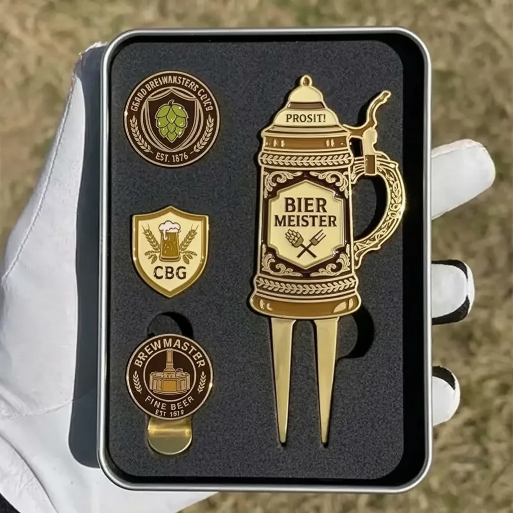 A beer stein shaped golf divot tool labeled “Bier Meister” with matching brewery pins, displayed in a compact gift box.