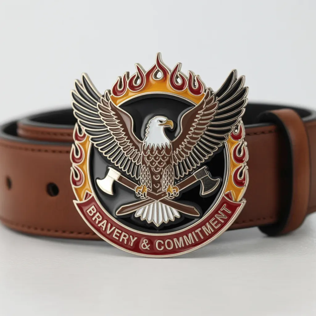 A belt buckle showing an eagle with outstretched wings over crossed axes and flames, with a banner reading Bravery & Commitment.