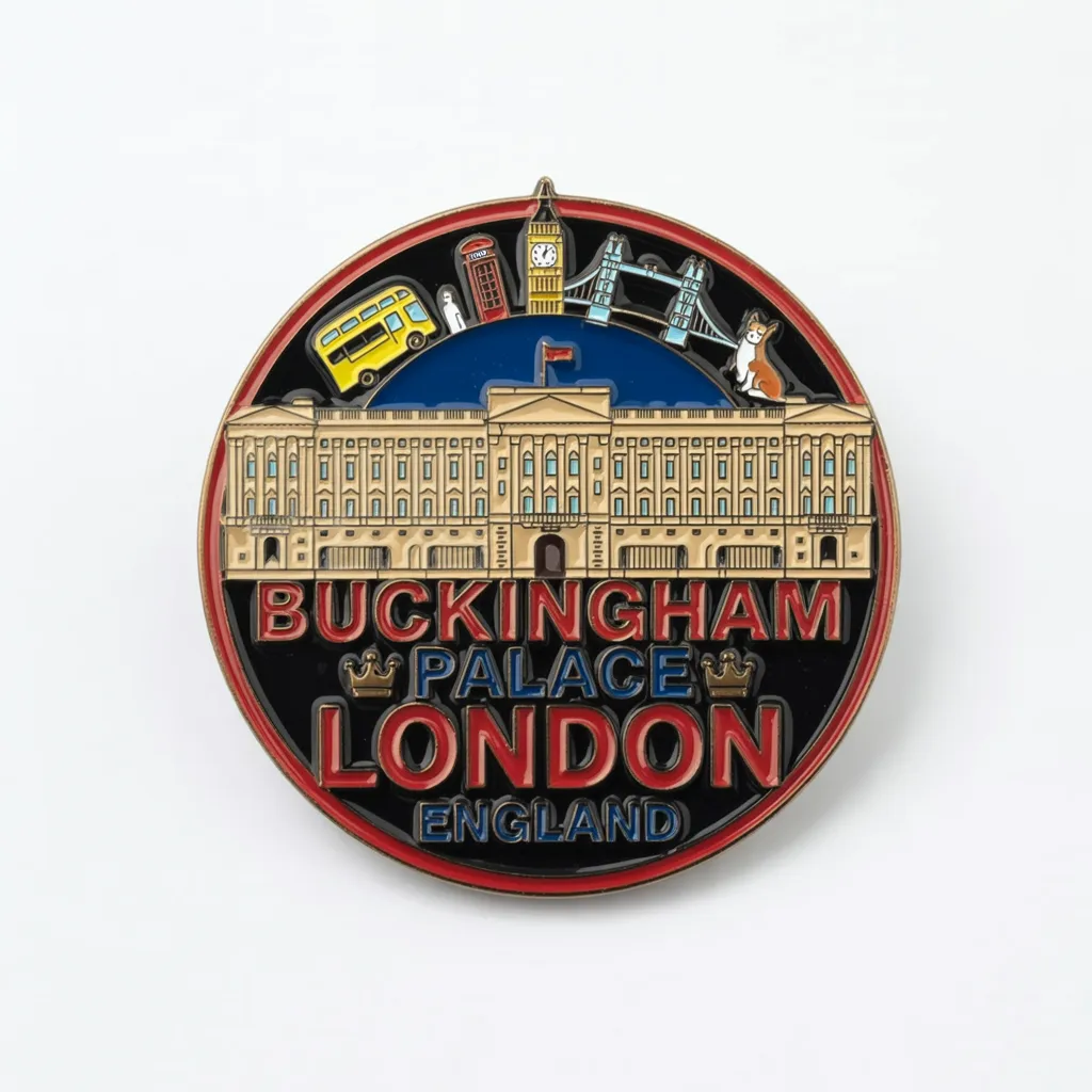 A round enamel souvenir pin featuring Buckingham Palace with London icons like Big Ben, Tower Bridge, and a red bus, labeled London England.