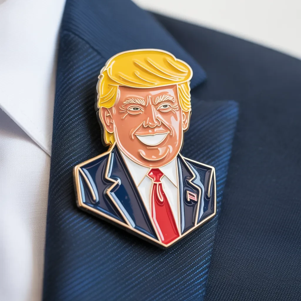 A detailed enamel pin depicting a stylized portrait of Donald Trump wearing a navy suit and red tie, attached to a dark blazer lapel.