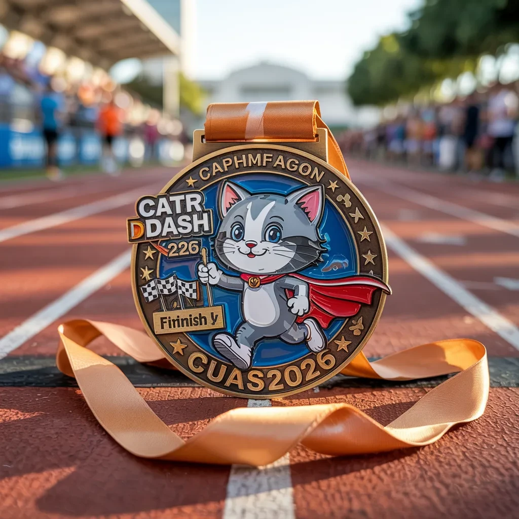A race medal featuring a cartoon cat wearing a red cape and running outfit, with “Cat Dash 2026” style text and finisher message, placed on a running track with an orange ribbon.