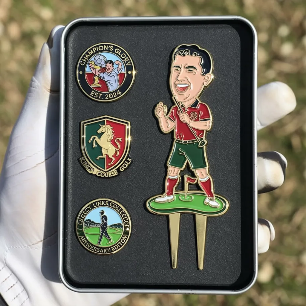 A golf accessory set featuring a cartoon golfer celebrating with a putter, alongside champion-themed pins and crest badges in a display case.