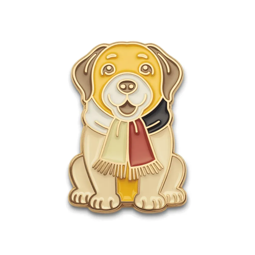 A cartoon enamel pin of a happy puppy wearing a colorful scarf with a friendly expression.
