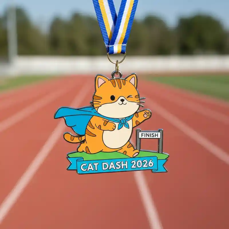 Custom metal finisher medal featuring a cute cartoon cat mascot running with a cape, Cat Dash 2026 race medal with finish sign and ribbon on athletics track background