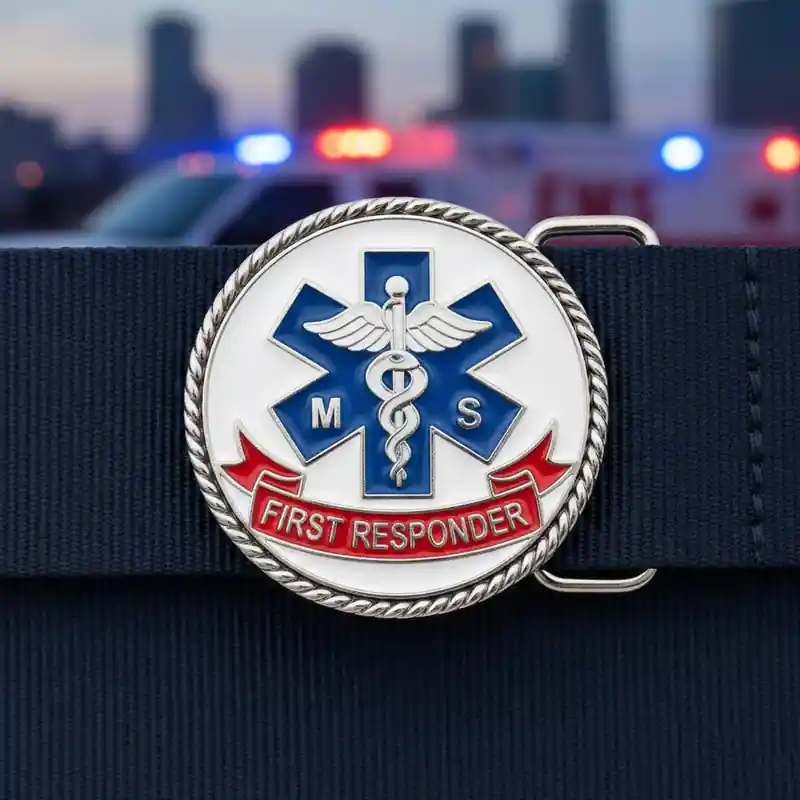 Round belt buckle featuring the "Star of Life" EMS symbol in blue and silver with a red ribbon inscribed "FIRST RESPONDER", set against a background of flashing emergency vehicle lights. The buckle is displayed on a navy blue strap.