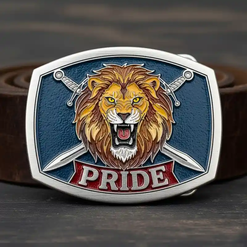 Shield-shaped enamel belt buckle featuring a roaring lion head with crossed swords behind it and the word “PRIDE” in bold red lettering at the bottom, mounted on a brown leather belt.