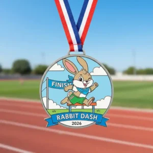 Custom metal finisher medal featuring a cute rabbit mascot jumping hurdles, Rabbit Dash 2026 running race medal with red white blue ribbon on track field background