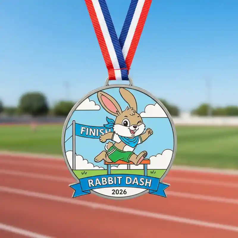 Custom metal finisher medal featuring a cute rabbit mascot jumping hurdles, Rabbit Dash 2026 running race medal with red white blue ribbon on track field background