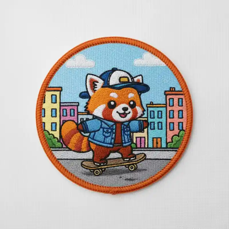 Embroidered patch of a red panda wearing a blue jacket and cap, skateboarding through a colorful city street.