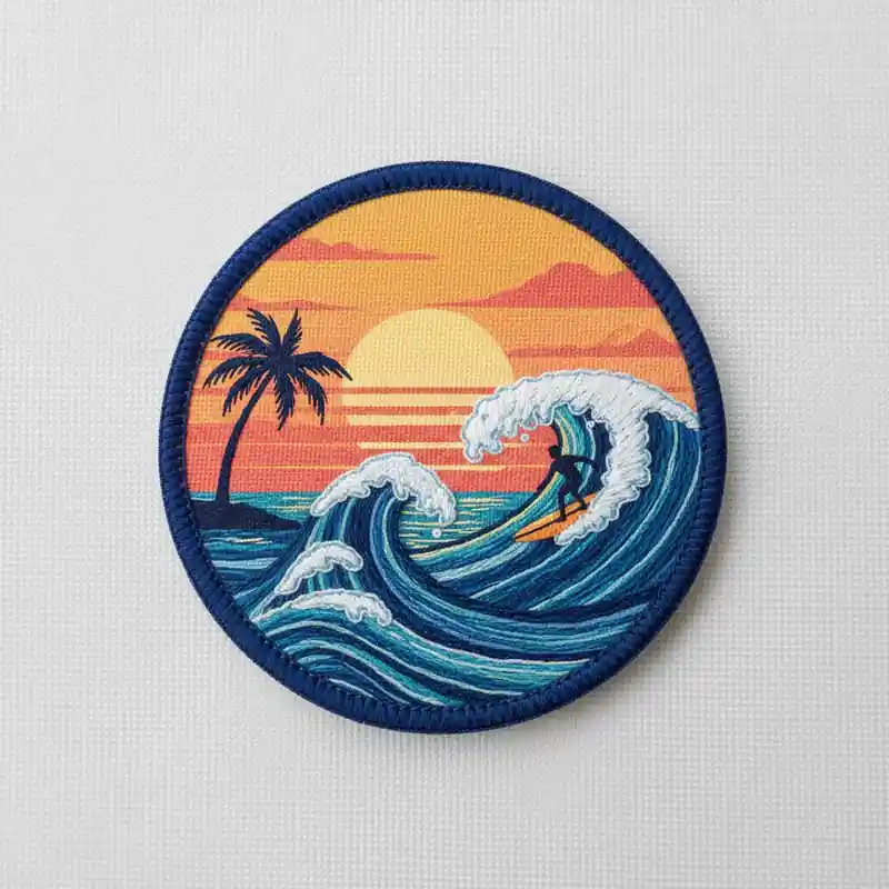 An embroidered patch featuring a vibrant sunset with a surfer riding large waves, set against a backdrop of a palm tree and the ocean. The waves are richly detailed in shades of blue and white, and the sun is depicted in warm orange tones, casting a glowing effect on the scene. The patch has a navy blue border and is set on light-colored fabric.