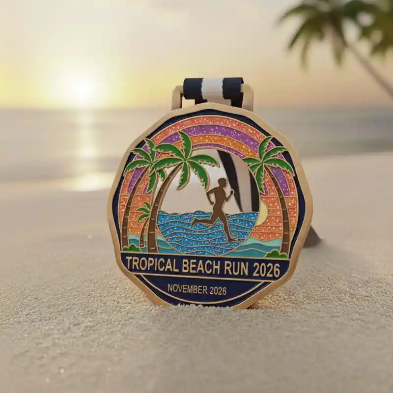 Custom metal marathon finisher medal featuring a runner on a tropical beach with rainbow and palm trees, Tropical Beach Run 2026 medal with blue and white ribbon on sandy beach background