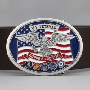 An eagle with spread wings over an American flag, adorned with military service medals and the inscription "U.S. VETERAN HONOR & COUNTRY" on an oval belt buckle.
