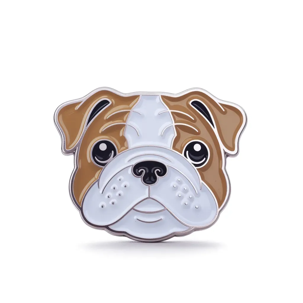 A close-up enamel pin of a bulldog face with soft brown and white coloring and a simple, friendly expression.