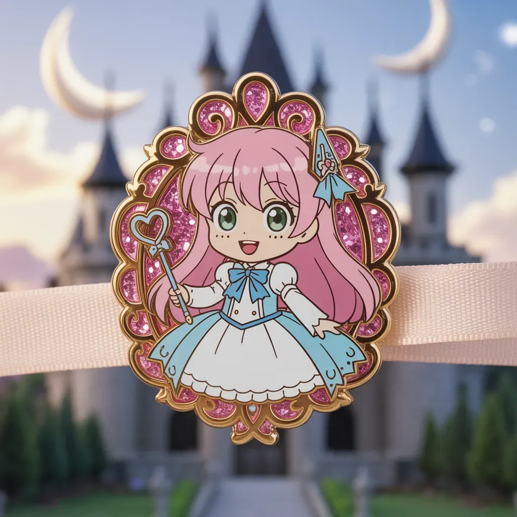 A decorative belt buckle featuring a cute pink-haired anime girl holding a wand, surrounded by a glittery ornate frame.