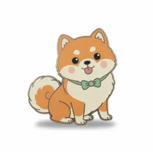 A kawaii enamel pin of a small dog with a bow tie, rounded cheeks, and a cheerful expression.