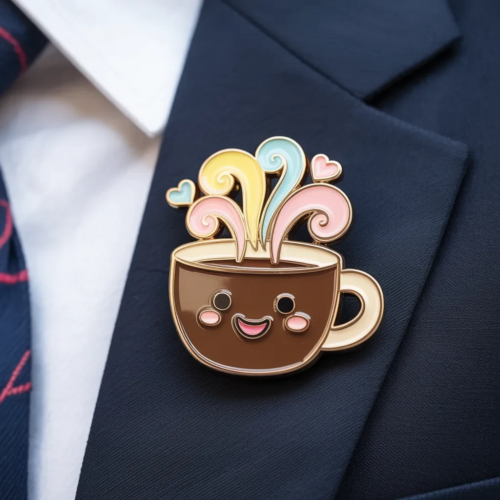 A kawaii-style enamel pin of a smiling coffee cup with colorful swirling steam and small heart accents, attached to a dark suit lapel.