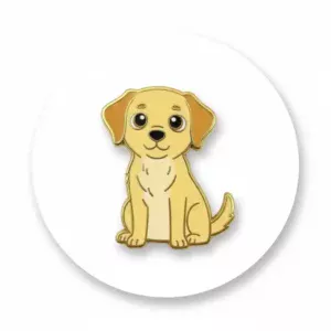 An enamel pin featuring a cartoon-style illustration of a yellow Labrador puppy sitting, with large, expressive eyes and a happy expression, outlined in gold