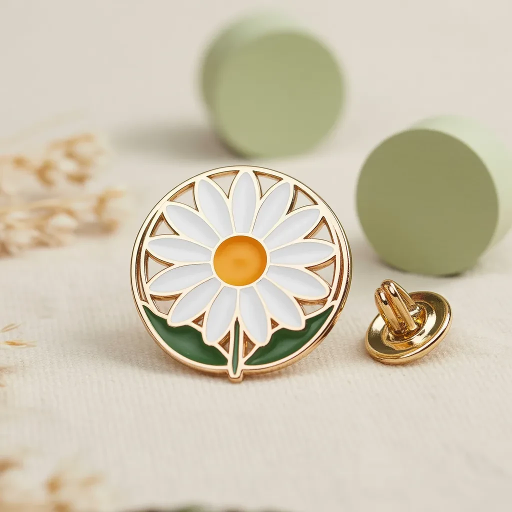 An elegant enamel pin featuring a daisy with white petals, a yellow center, and green leaves, outlined in gold.