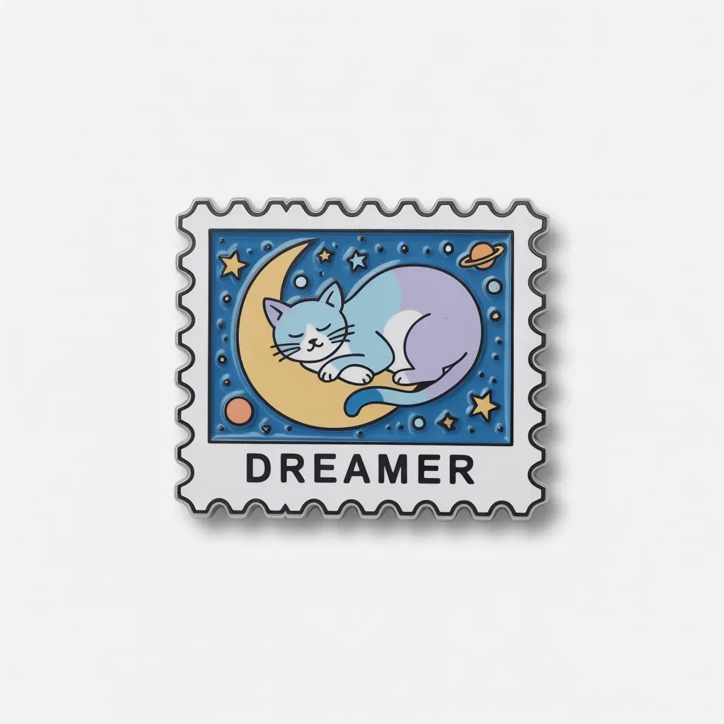 A stamp-shaped enamel pin featuring a sleeping cat on a crescent moon surrounded by stars with the word "Dreamer".
