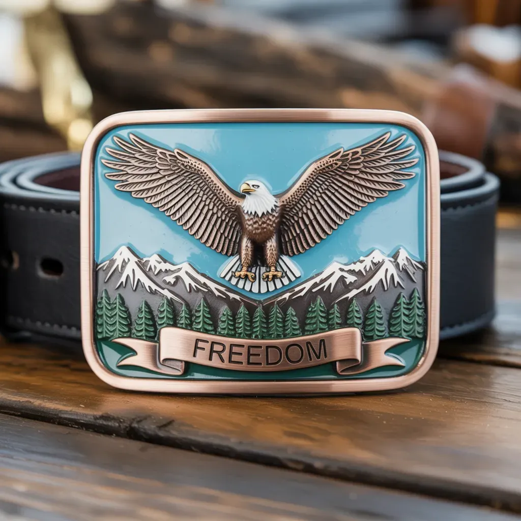 A rectangular belt buckle showing an eagle with outstretched wings above mountains and trees with the word Freedom.