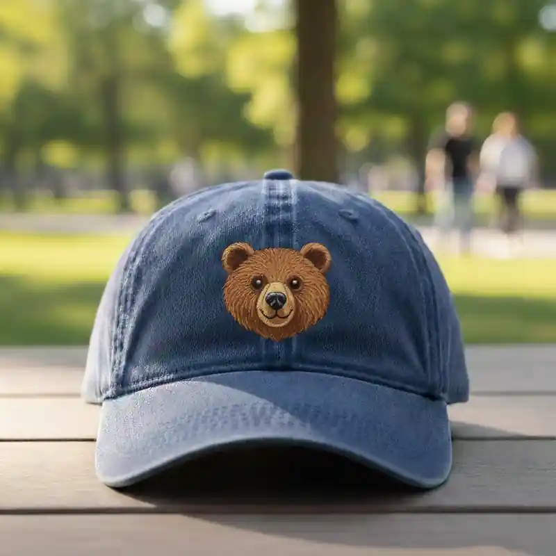 A denim cap featuring an embroidered detailed design of a bear head, set in a sunny park with blurred figures in the background.