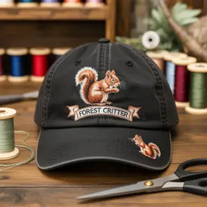 A black cap with detailed squirrel embroidery and “Forest Critter” text, shown on a workbench with sewing tools and thread spools.