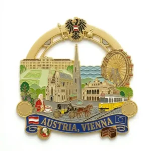 Fridge magnet showcasing Vienna's iconic landmarks including St. Stephen's Cathedral, Ferris Wheel, Schönbrunn Palace, and a horse-drawn carriage, with a tribute to Mozart and Viennese coffee culture.