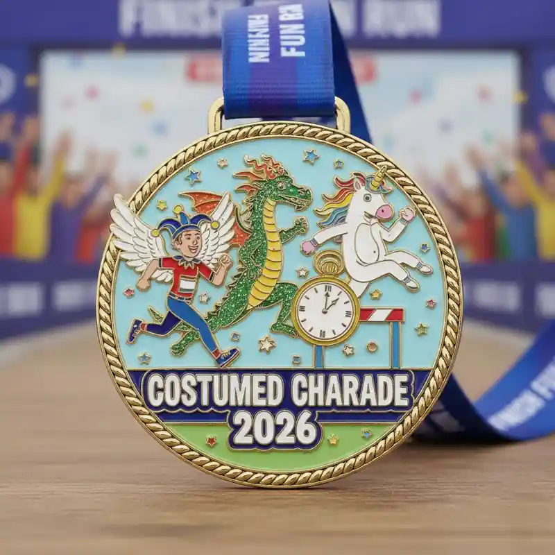 Custom metal medal featuring a runner with wings, dragon, unicorn, and clock, Costumed Charade 2026 medal with colorful ribbon and festive background