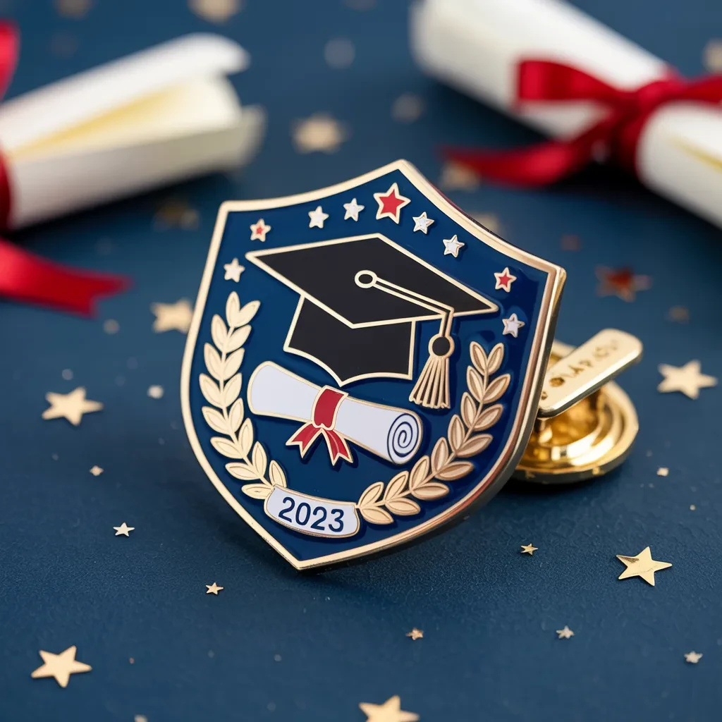 A shield-shaped graduation enamel pin featuring a cap, diploma, laurel branches, and “2023” text on a navy blue background with gold accents.