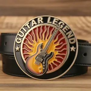 A round belt buckle featuring a sunburst electric guitar with a radiant background and the words Guitar Legend.