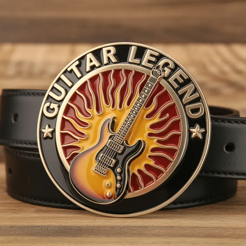 A round belt buckle featuring a sunburst electric guitar with a radiant background and the words Guitar Legend.