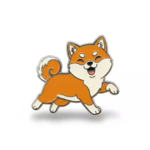 An enamel pin of a happy Shiba Inu dog running, with a wide smile and a wagging tail. The dog has orange fur, a white chest, and is in a playful, active stance. The design is outlined in silver, with a cute and cartoonish style.
