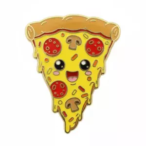 A cute enamel pin of a pizza slice with pepperoni, mushrooms, and colorful sprinkles. The pizza slice has large eyes and a smiling face.