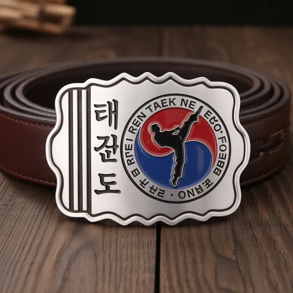 A metal belt buckle featuring Korean characters and a taekwondo kicking silhouette inside a red and blue taegeuk symbol.