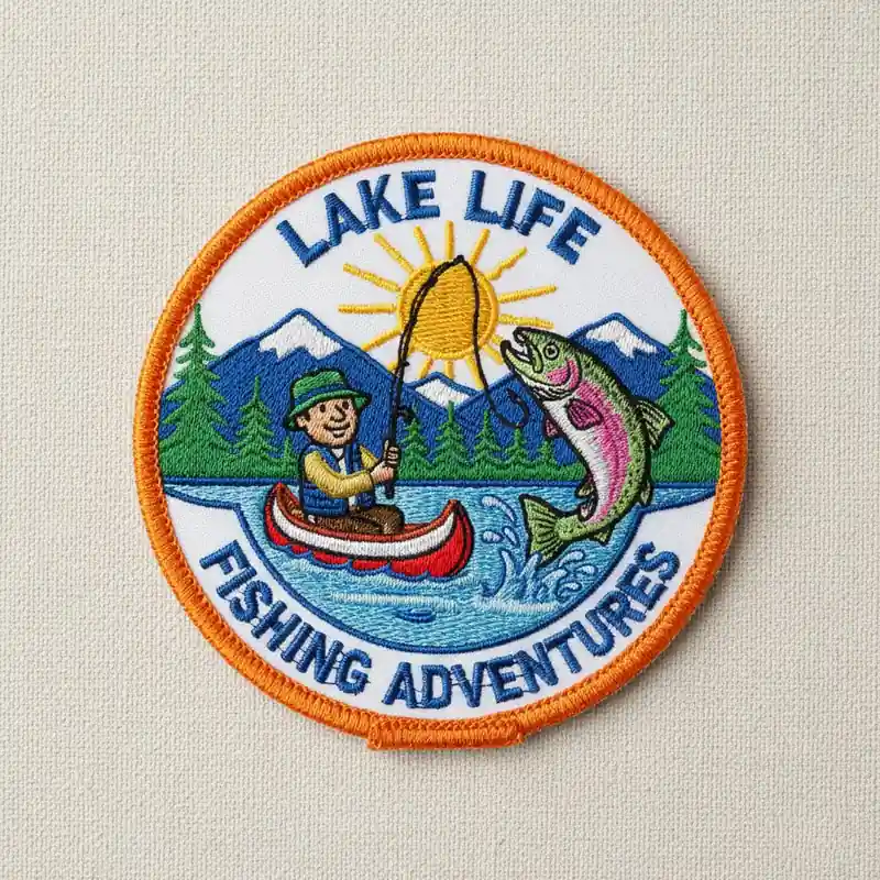 An embroidered patch featuring a fisherman in a canoe catching a fish with mountains, trees, and the sun in the background. The text "LAKE LIFE FISHING ADVENTURES" is included around the design.