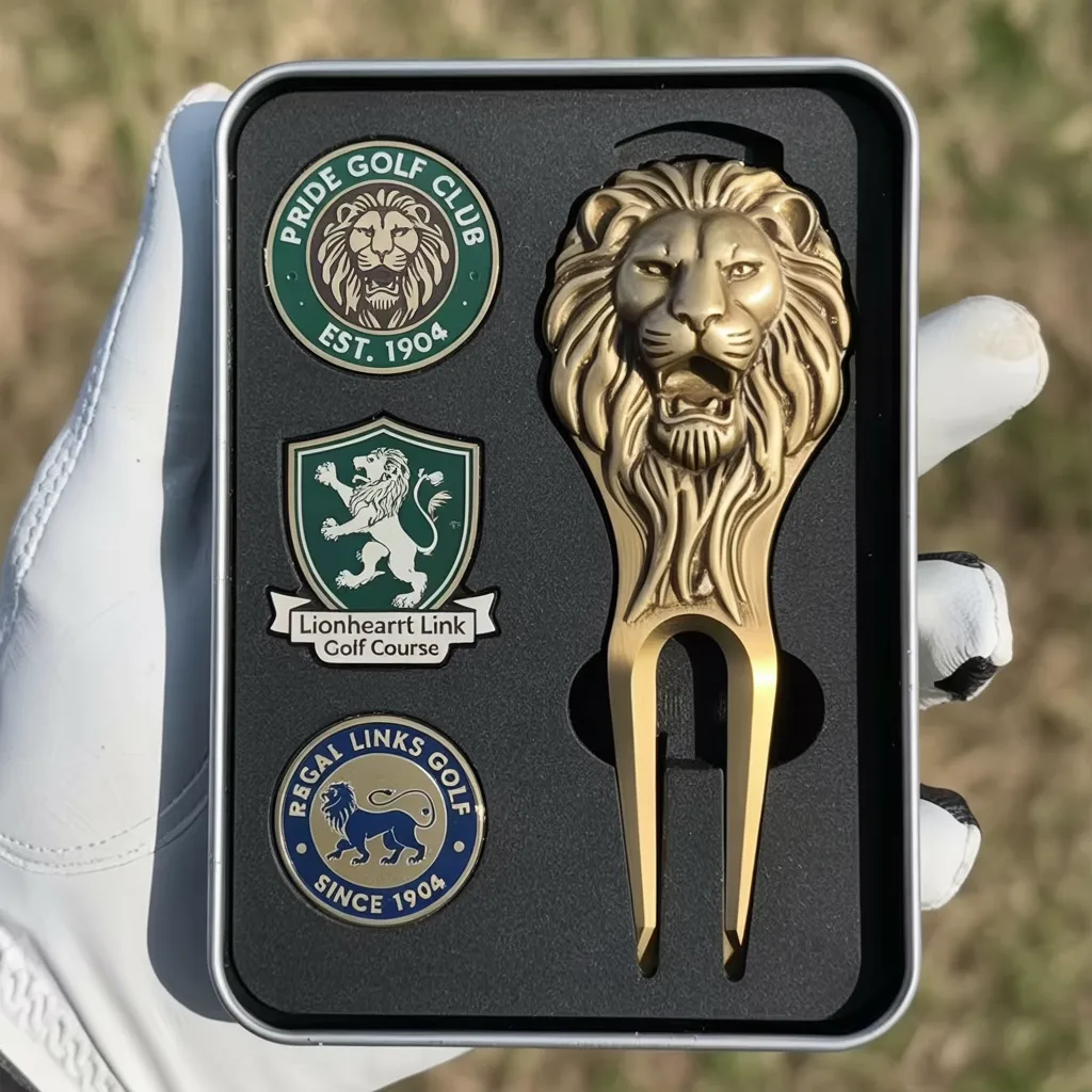 A premium golf accessory set featuring a gold lion head divot tool with Pride Golf Club and lion-themed marker pins in a display case.