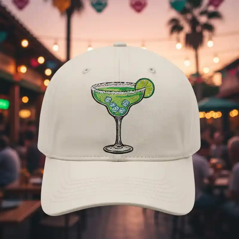A white cap featuring an embroidered margarita glass with ice cubes, a slice of lime, and a salted rim, set against a festive outdoor backdrop.
