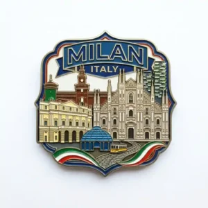 A vibrant Milan fridge magnet showcasing iconic landmarks like the Duomo Cathedral, Sforza Castle, and modern architecture with a tram and the Italian flag.